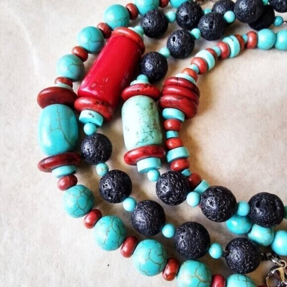 Uniquely Handmade! Red + Turquoise Howlite + Black Lava Rock Bracelet! 6.5-7" - Picture 7 of 9